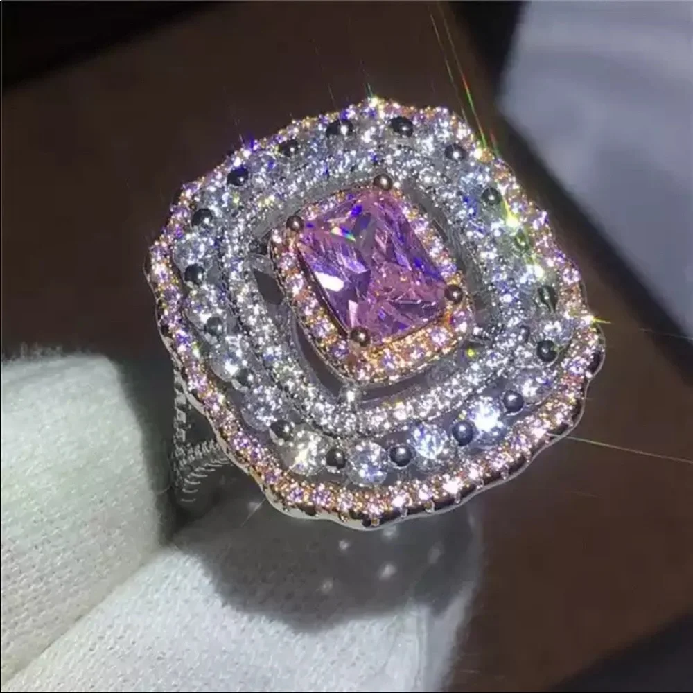 New 925 Silver pink multi color princess cut zircon engagement ring - Picture 5 of 5